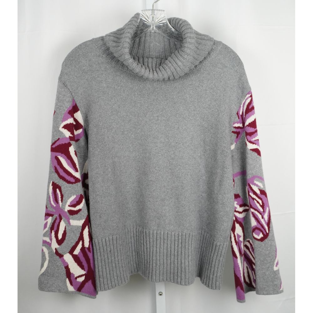 Cabi Eden Pullover Sweater Grey Wide Turtleneck Bell Floral Sleeves